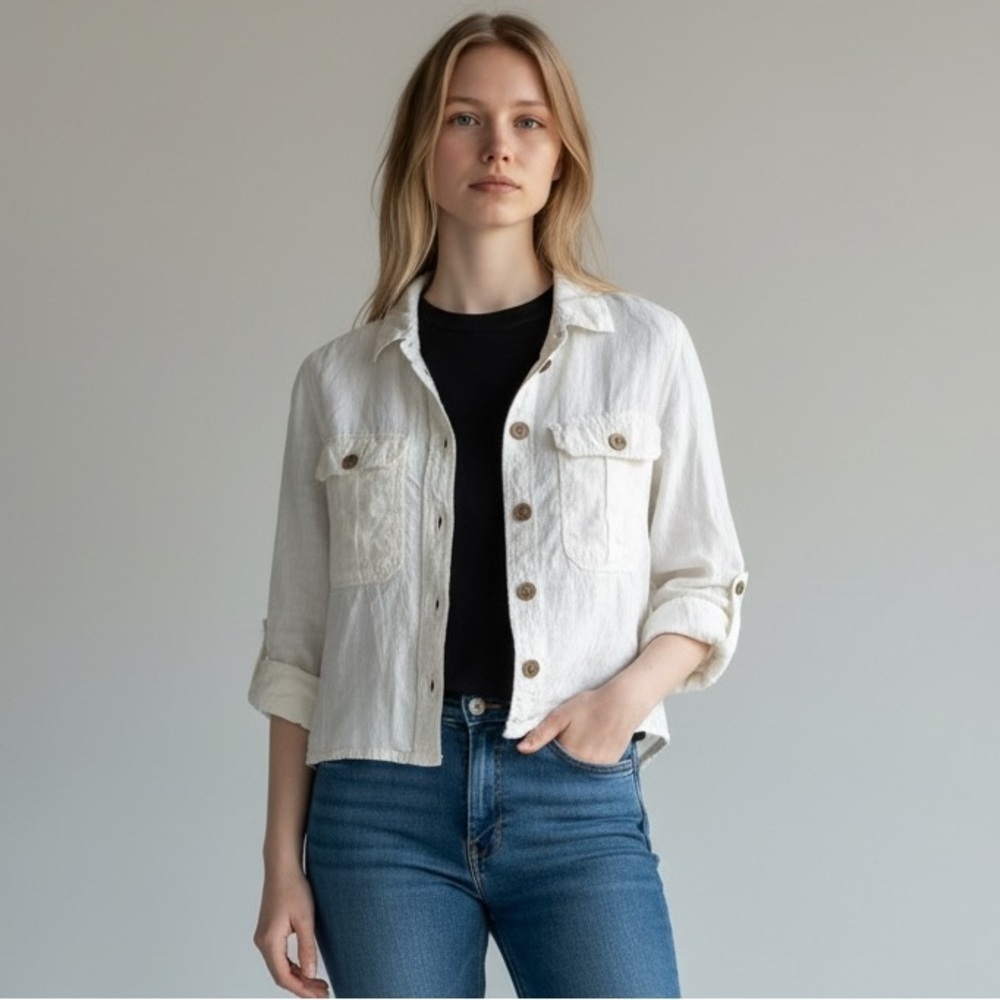 American Eagle Linen Blend Cropped Utility Shirt Jacket XS Ivory